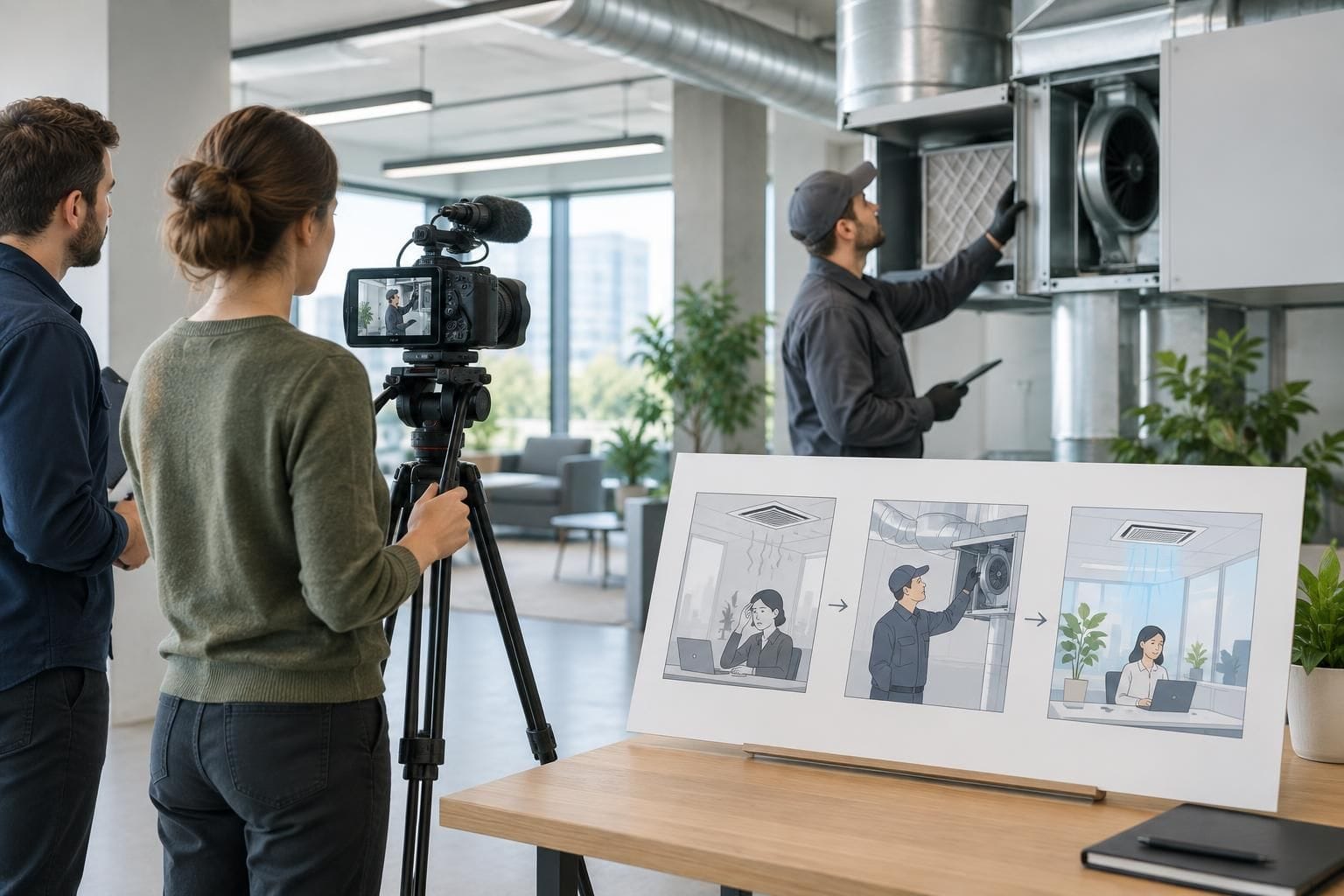Filmavimo komanda fiksuoja specialisto darbą prie vėdinimo įrenginio.
